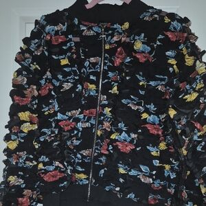 Ashley Stewart Black and Red Bomber Jacket with Playful Print